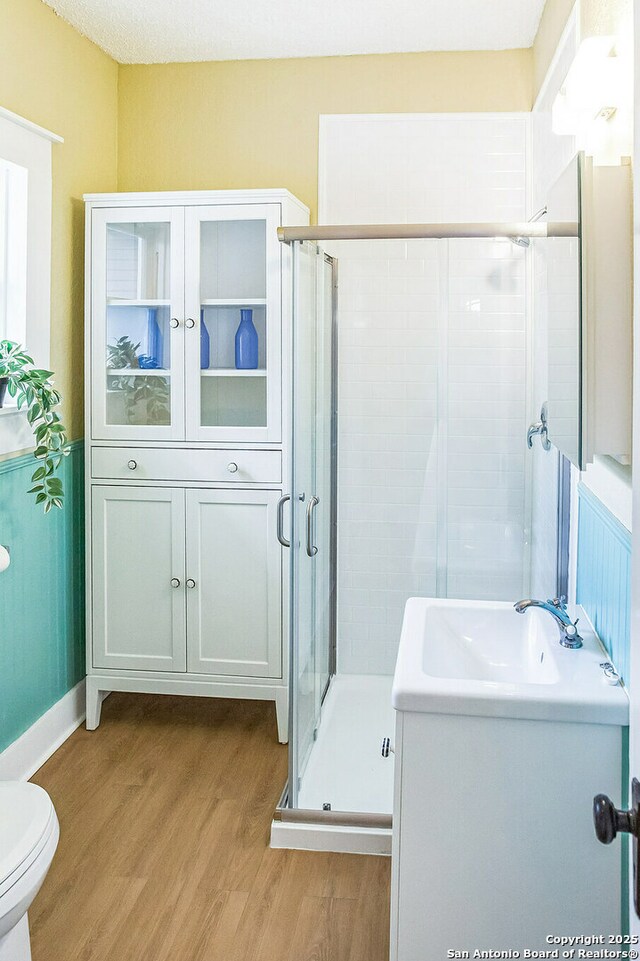 bathroom with wood finished floors, a sink, a shower stall, and toilet