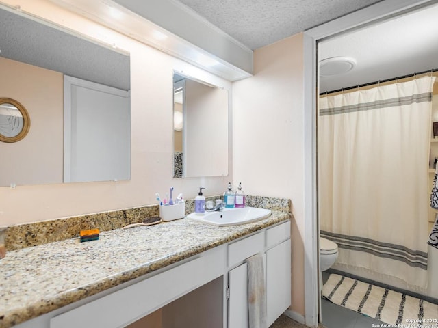7906 Winsford, San Antonio, TX 78239 - bathroom featuring vanity, a textured ceiling, a shower with shower curtain, and toilet