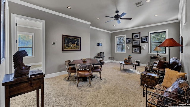 dining room with recessed lighting, visible vents, baseboards, light colored carpet, and ceiling fan