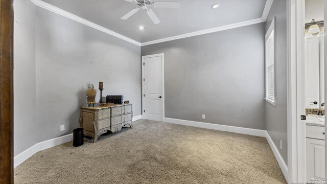 carpeted bedroom with a ceiling fan, baseboards, ornamental molding, and recessed lighting