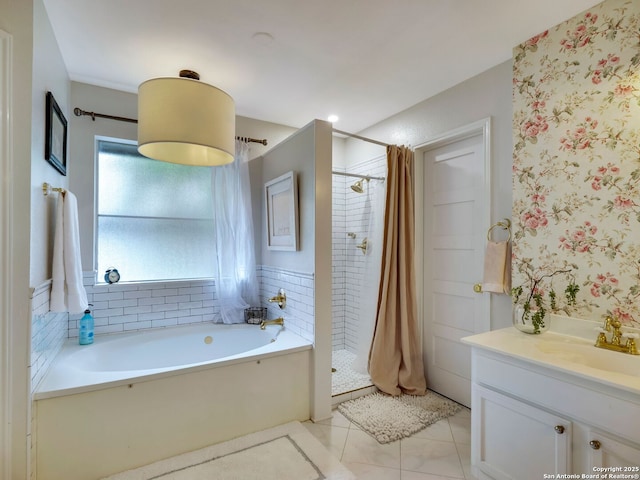 286 Iron Kettle, Universal City, TX 78148 - bathroom featuring a bath, tile patterned floors, vanity, and a stall shower