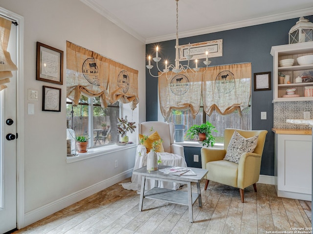 286 Iron Kettle, Universal City, TX 78148 - sitting room with baseboards, a chandelier, ornamental molding, and wood-type flooring