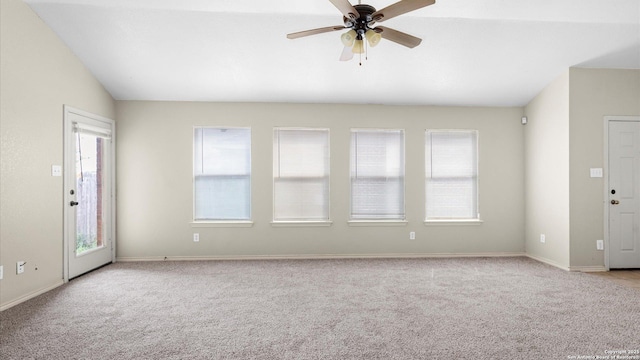 6430 Ithaca Fls, San Antonio, TX 78239 - unfurnished living room featuring vaulted ceiling, carpet flooring, baseboards, and ceiling fan
