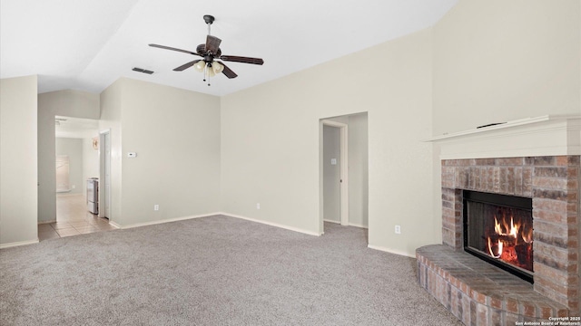 6430 Ithaca Fls, San Antonio, TX 78239 - unfurnished living room with visible vents, baseboards, a fireplace, carpet flooring, and ceiling fan