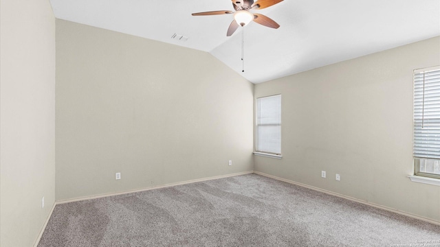 6430 Ithaca Fls, San Antonio, TX 78239 - unfurnished room featuring vaulted ceiling, visible vents, carpet, and ceiling fan