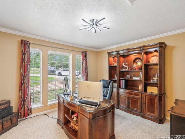 154 Elk Rdg, Canyon Lake, TX 78133 - office area with light carpet, crown molding, a textured ceiling, and plenty of natural light