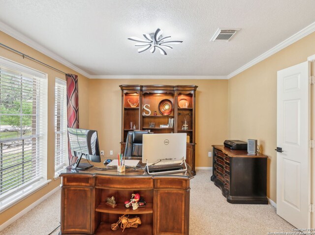 154 Elk Rdg, Canyon Lake, TX 78133 - office with baseboards, visible vents, light colored carpet, and ornamental molding