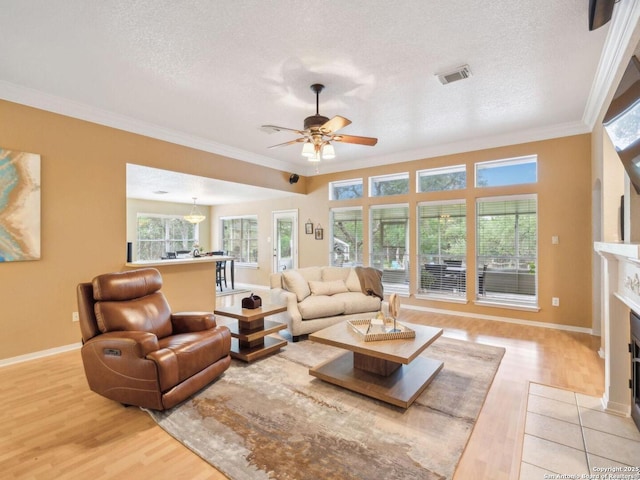 154 Elk Rdg, Canyon Lake, TX 78133 - living area featuring light wood-style floors, ceiling fan, a textured ceiling, and ornamental molding