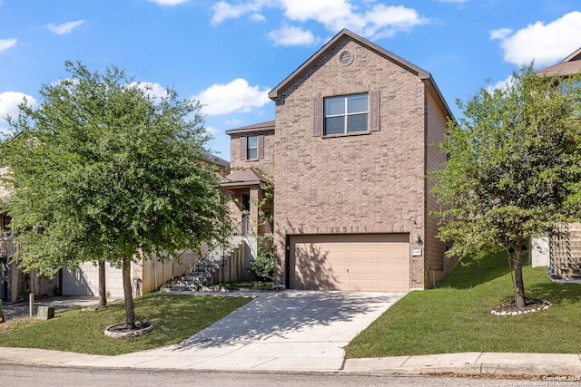 13219 Loma Sierra, San Antonio, TX 78233 - view of front of house with brick siding, a front lawn, driveway, and a garage