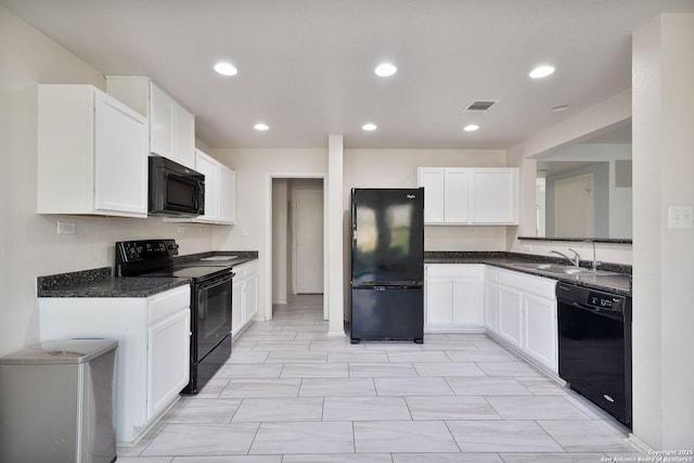 13219 Loma Sierra, San Antonio, TX 78233 - kitchen featuring a sink, visible vents, recessed lighting, white cabinetry, and black appliances