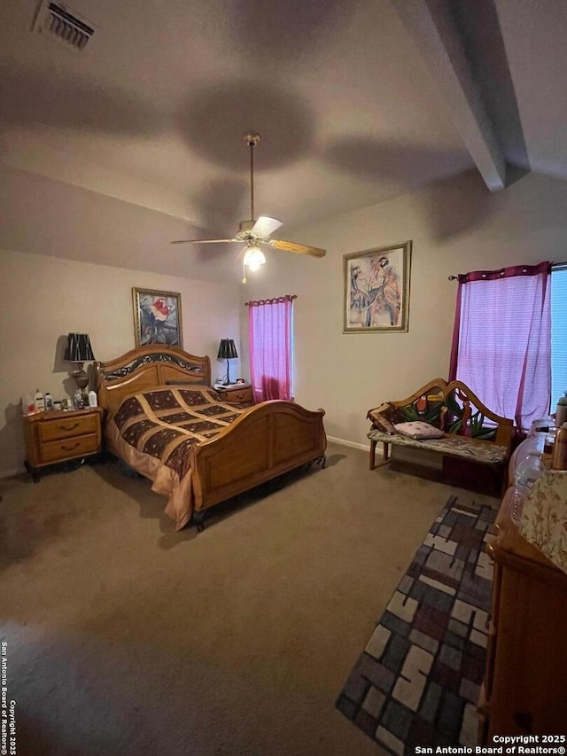 bedroom with vaulted ceiling with beams, visible vents, carpet, and ceiling fan