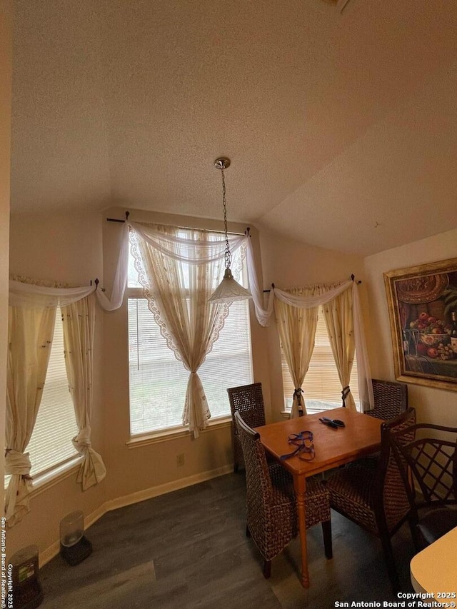 dining room featuring vaulted ceiling, wood finished floors, a textured ceiling, and baseboards