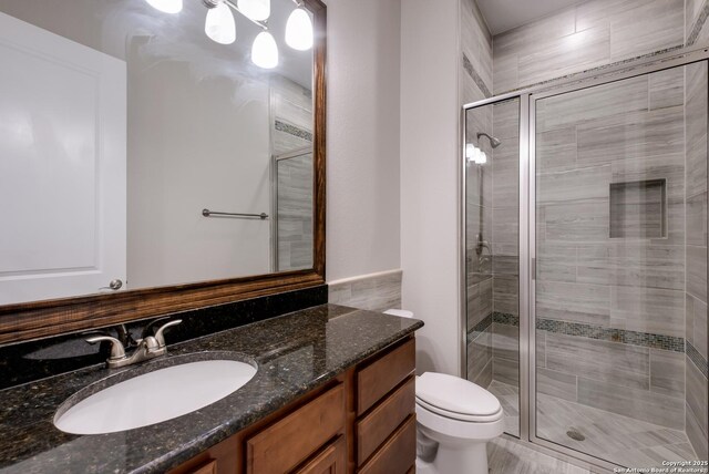 bathroom with toilet, vanity, and a stall shower
