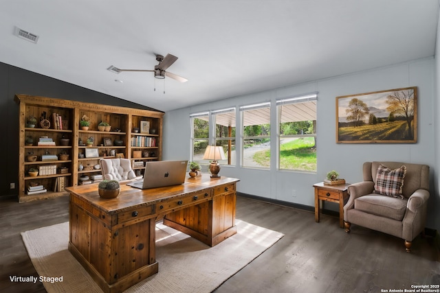 630 Nelson, Canyon Lake, TX 78133 - home office with ceiling fan, lofted ceiling, wood finished floors, and visible vents