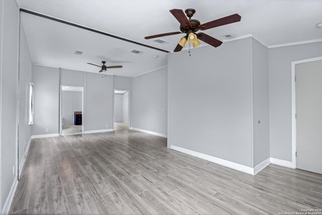 630 Nelson, Canyon Lake, TX 78133 - unfurnished living room featuring baseboards, visible vents, light wood-style floors, and ceiling fan