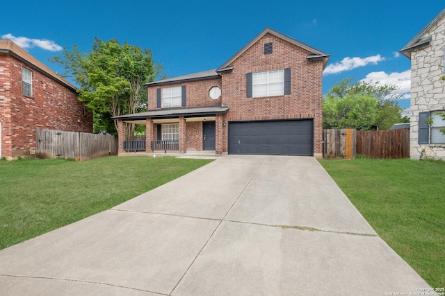 traditional-style home featuring fence, a porch, a front yard, and a garage