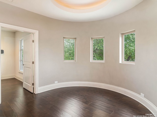 unfurnished room featuring dark wood finished floors, baseboards, and a wealth of natural light