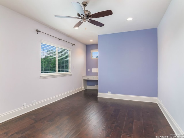 unfurnished room featuring baseboards, a ceiling fan, wood finished floors, and recessed lighting