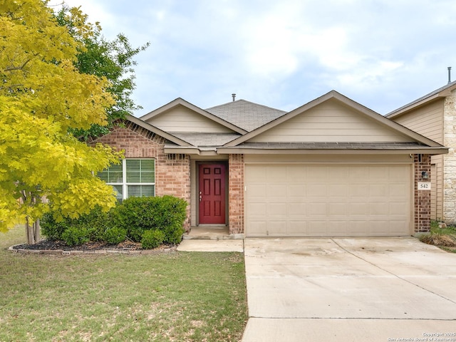 542 Snowy Egret, San Antonio, TX 78253 - ranch-style house featuring a front lawn, driveway, a shingled roof, a garage, and brick siding