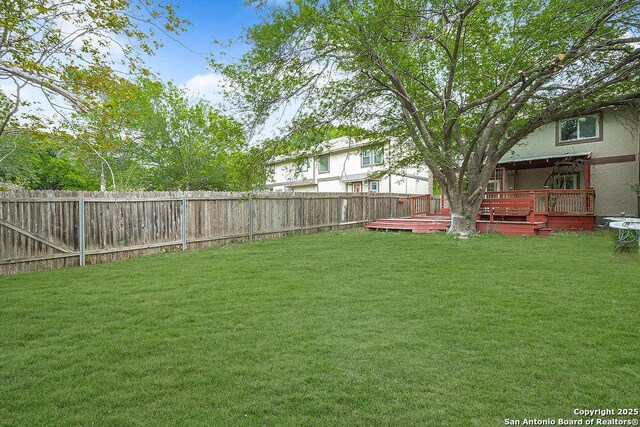 view of yard featuring a fenced backyard and a deck