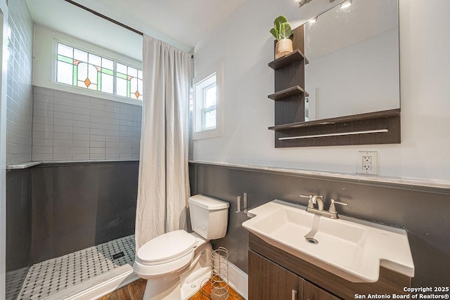 356 Kessler, New Braunfels, TX 78130 - bathroom featuring wood finished floors, toilet, vanity, baseboards, and tiled shower