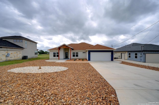 single story home with concrete driveway, an attached garage, central AC unit, and stucco siding