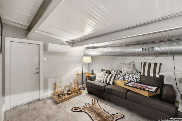 148 Lakecreek, New Braunfels, TX 78130 - living room featuring a wall mounted air conditioner, wood finished floors, beamed ceiling, baseboards, and visible vents