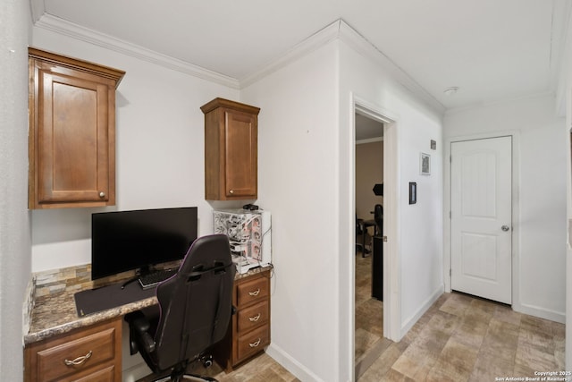 148 Lakecreek, New Braunfels, TX 78130 - office space featuring baseboards, built in desk, ornamental molding, and light wood-type flooring
