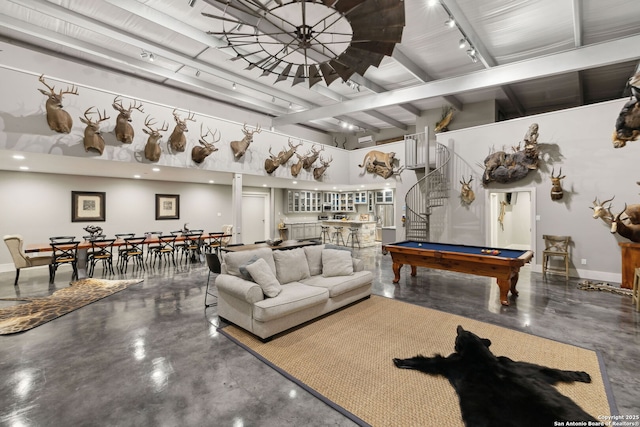 148 Lakecreek, New Braunfels, TX 78130 - rec room featuring track lighting, baseboards, finished concrete floors, and billiards