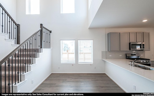 153 Taylor Way, San Antonio, TX 78253 - kitchen featuring light wood-type flooring, stainless steel appliances, a towering ceiling, and gray cabinets