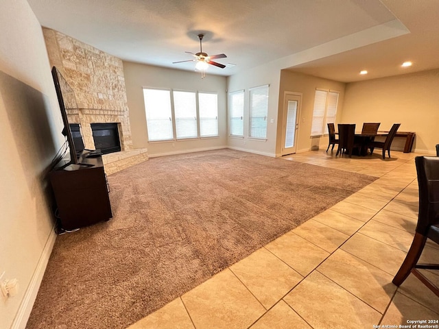 3727 Retreat Run, San Antonio, TX 78253 - living area featuring light carpet, light tile patterned flooring, baseboards, recessed lighting, and a ceiling fan