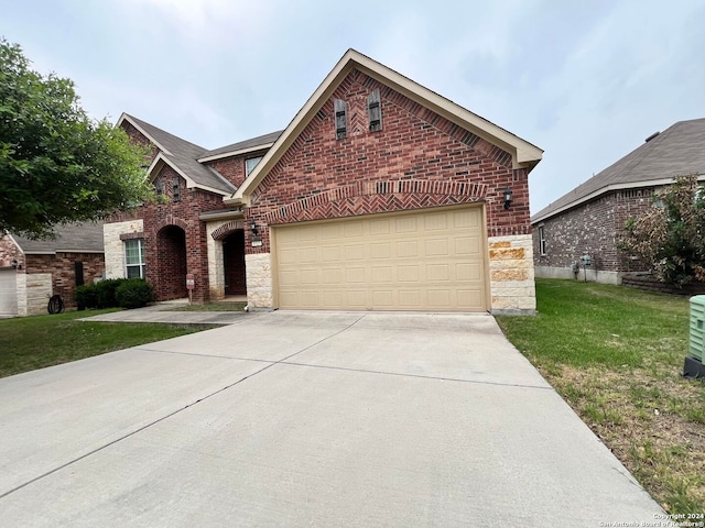 3727 Retreat Run, San Antonio, TX 78253 - view of front of home with brick siding, an attached garage, driveway, and a front lawn
