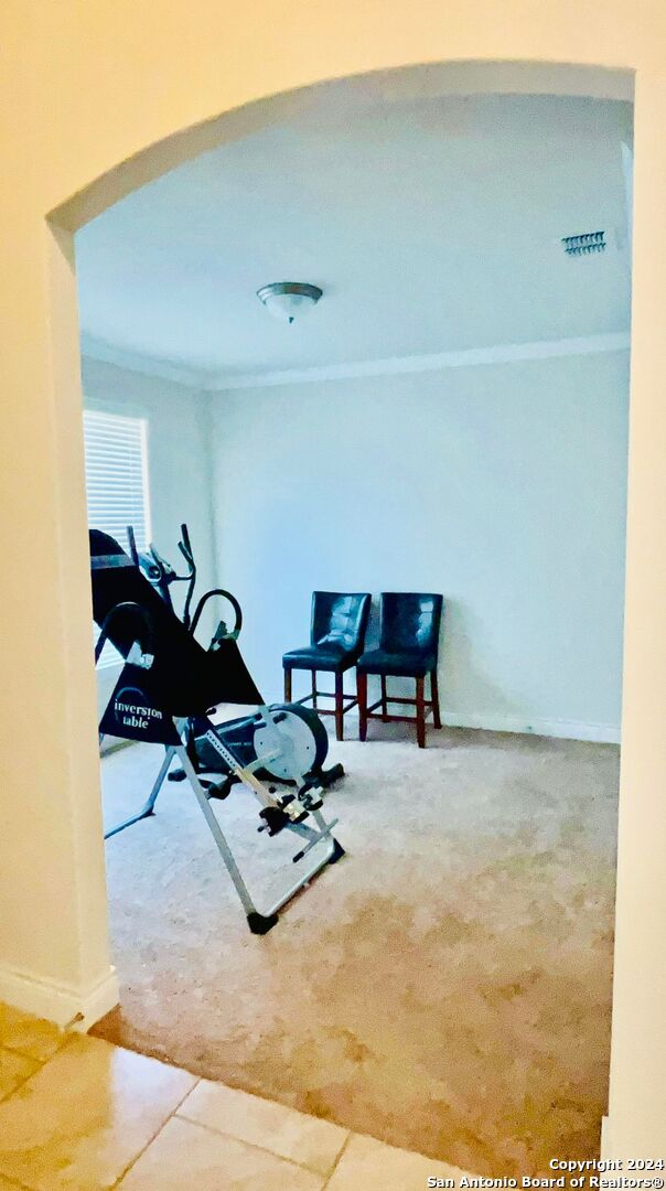 3727 Retreat Run, San Antonio, TX 78253 - workout area featuring carpet floors, crown molding, tile patterned floors, and baseboards