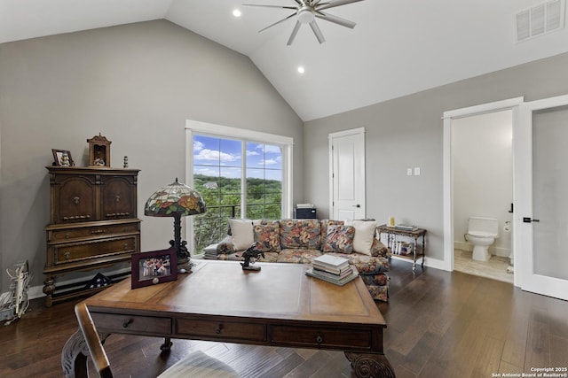 living area with recessed lighting, dark wood-style floors, visible vents, high vaulted ceiling, and ceiling fan