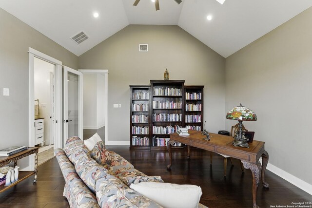 office with recessed lighting, wood finished floors, visible vents, and ceiling fan