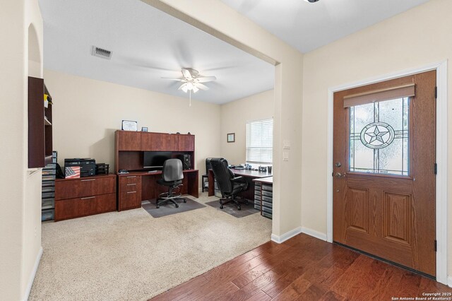 108 County Road 4325, Hondo, TX 78861 - home office featuring wood finished floors, visible vents, a ceiling fan, and baseboards
