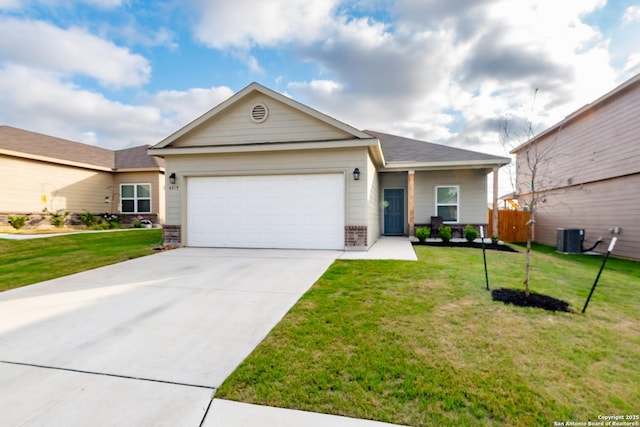 ranch-style house with driveway, brick siding, a front yard, and a garage