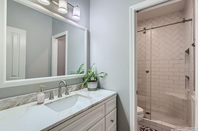 bathroom with vanity, toilet, and a stall shower