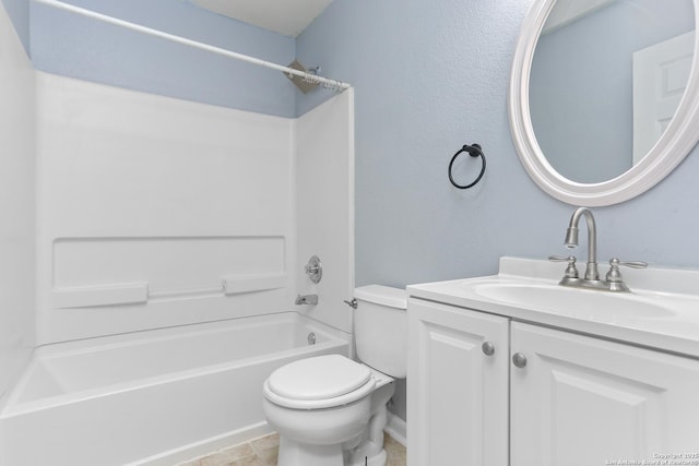 bathroom featuring toilet, shower / bathtub combination, and vanity
