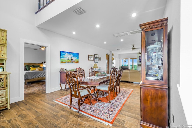 dining space with baseboards, a ceiling fan, visible vents, and recessed lighting
