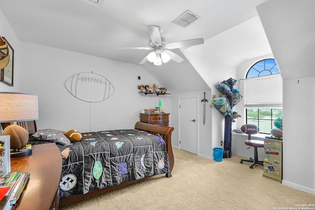 bedroom with ceiling fan, carpet floors, baseboards, lofted ceiling, and visible vents