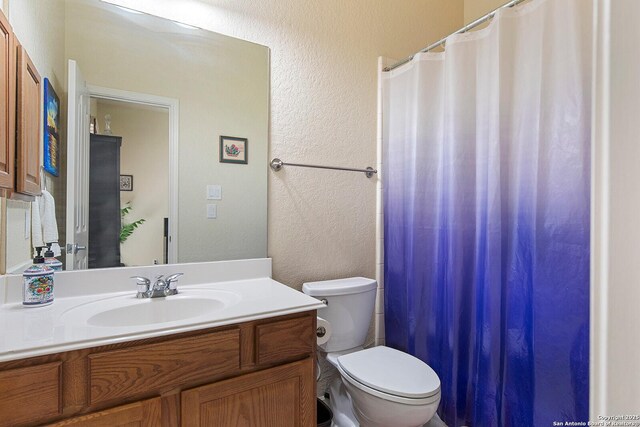 bathroom featuring a textured wall, vanity, a shower with shower curtain, and toilet