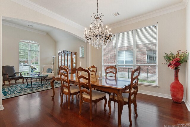 dining room featuring a wealth of natural light, dark wood-type flooring, visible vents, and baseboards