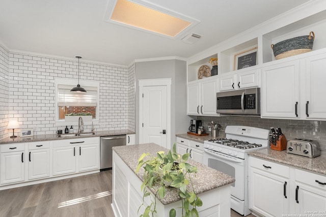 21707 Beaver Bnd, San Antonio, TX 78258 - kitchen featuring backsplash, appliances with stainless steel finishes, a sink, and white cabinets