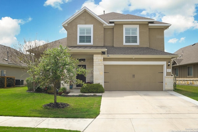 view of front of house featuring a front lawn, cooling unit, concrete driveway, an attached garage, and a standing seam roof