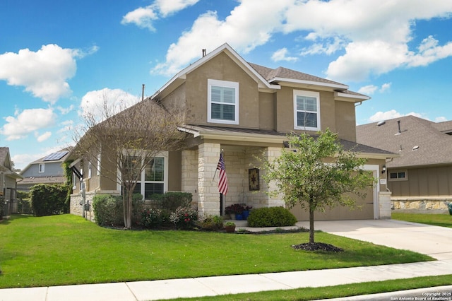 view of front of property with driveway, stone siding, a front yard, and stucco siding