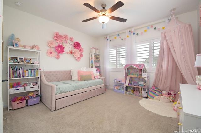 carpeted bedroom with ceiling fan