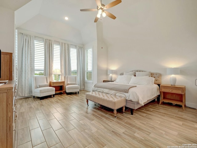 24742 Para Siempre, San Antonio, TX 78261 - bedroom with ceiling fan, vaulted ceiling, baseboards, recessed lighting, and light wood-style flooring