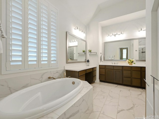 24742 Para Siempre, San Antonio, TX 78261 - full bath with a bath, lofted ceiling, marble finish floor, and vanity