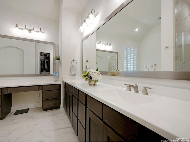 24742 Para Siempre, San Antonio, TX 78261 - full bathroom featuring a sink, lofted ceiling, double vanity, and marble finish floor